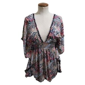 Victoria's Secret Plunge Kimono Paisely Print Tunic Swim Cover-Up Black Multi M